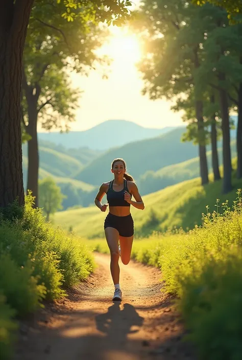 A runner jogging along a scenic trail surrounded by trees and sunlight, emphasizing the benefits of regular exercise for physical health.

