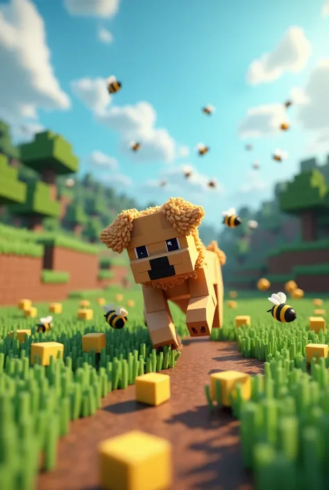 A dog playing with bees in minecraft 