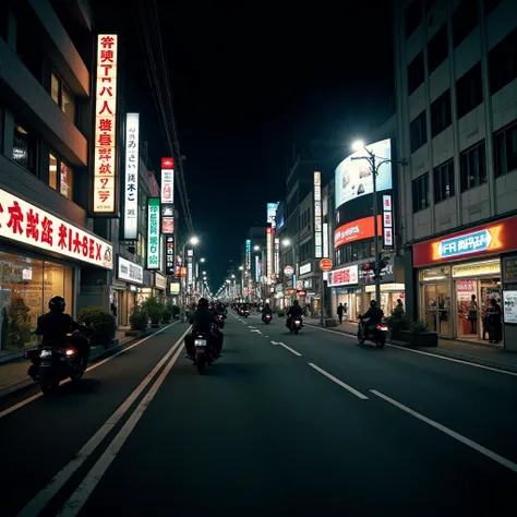  A street at night without people Shibuya style In Tokyo with about 5 motorcyclists showing several nightclubs with several posters and a sign with the word "PHASE X " In the foreground with Japanese-style letters