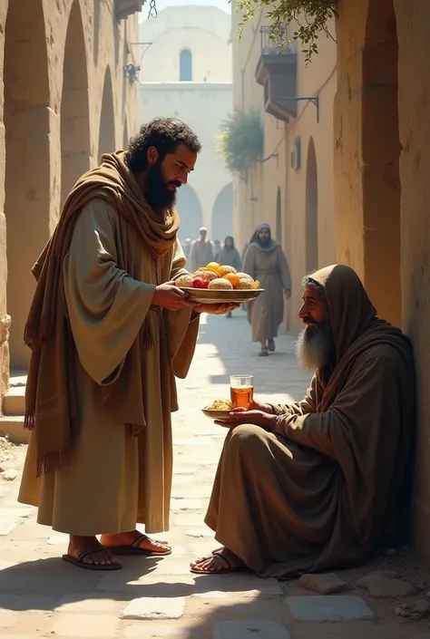 A person giving food to a wanderer on the ground who is hungry and in need