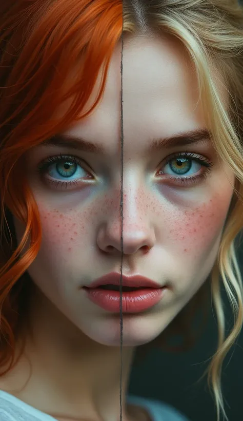 Make a cover that shows half the face of the red-haired girl with blue eyes and half the face of a blond girl with brown eyes 