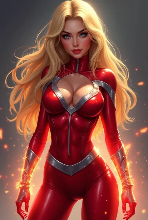 2D story cover style design
Safira Estrela, a blonde superhero woman with long hair and light eyes,  your clothes are red with silver details and your powers are of lights , Athletic and beautiful body 