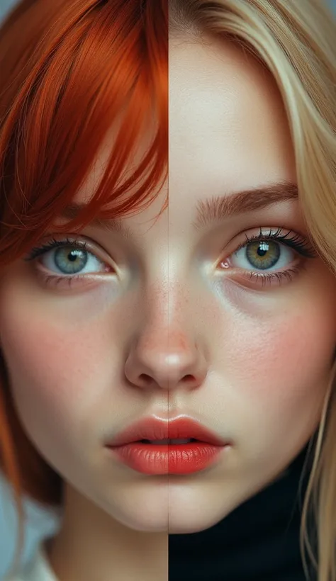 Make a cover that shows half the face of the red-haired girl with blue eyes and half the face of a blond girl with brown eyes are different girls 