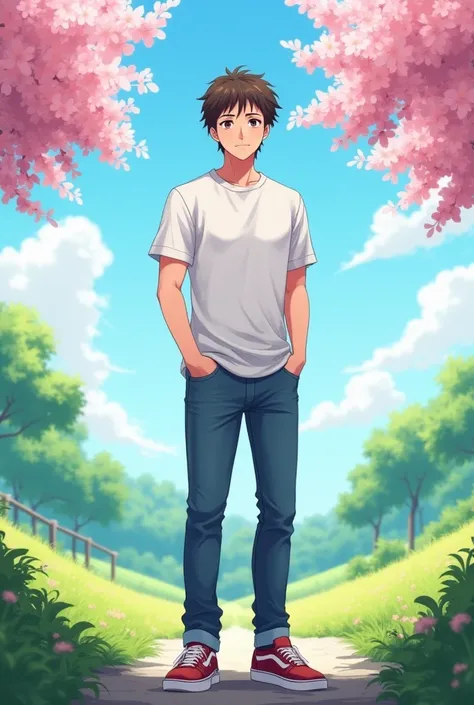 Make an anime man character , standing in front in spring clothing, that is, in simple street clothes