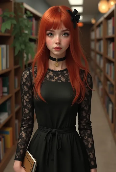 An image of a realistic young woman with straight red Chanel hair with freckles in a simple black dress fitted to the waist and wrapped around the skirt above the knees with long lace sleeves, a black sneaker and bow in her hair in the back at a private sc...