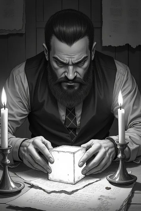 A man with his mouth shut in a room with scrolls and candles breaking an ice cube with a beard black and white drawing 