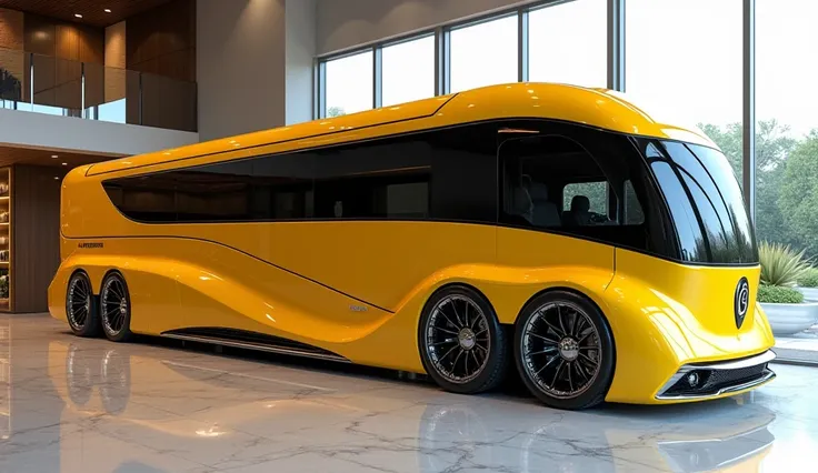 "Create a hyper-realistic image of the side view of the 2025 Kenworth T-2000 motorhome, positioned in a luxurious showroom. The motorhome should have a long, sleek, and aerodynamic profile, with a vibrant yellow exterior accented by subtle black details, e...