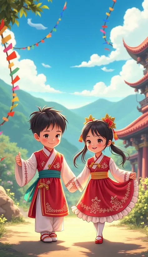 Tamang new year animetion . beautiful boy and girl with Tamang tradition dress in Animetion