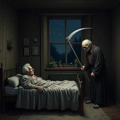  picture of a rather rustic bedroom in which a grandpa breathes death in the face.
Death in turn faints  ( due to the garlic smell ) and drops his scythe.
Outside the window it is dark except for a few small stars .