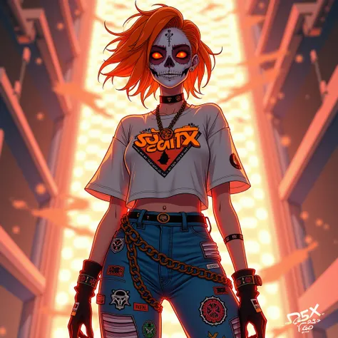 "Create ultra detail a rebellious urban character with female anime skull face, inspired side part hair cut in shades of orange. Graphic t-shirt with Center the text written in " SENTX,"and High-Waisted Jeans featuring chains, patches, and bold graphics. P...