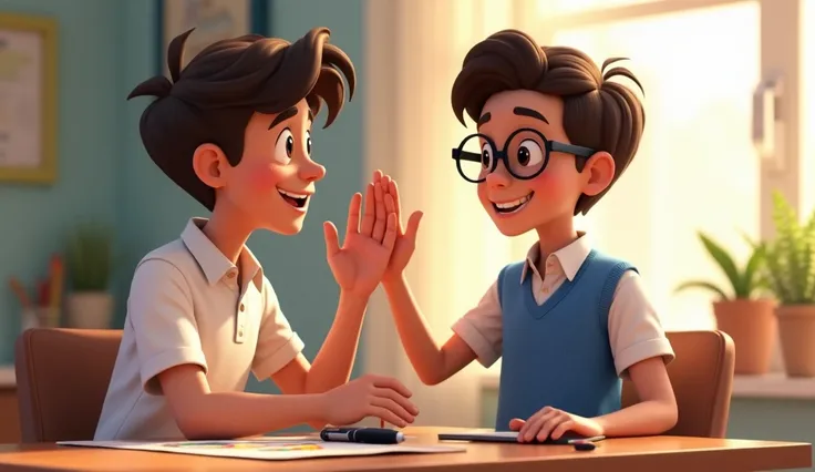 Create a 3D Disney Pixar-style illustration of two 16-year-old boys in a school setting, greeting each other. One boy has dark brown hair, no glasses, handsome features, and is wearing a white short-sleeved collared shirt layered with a solid blue sleevele...