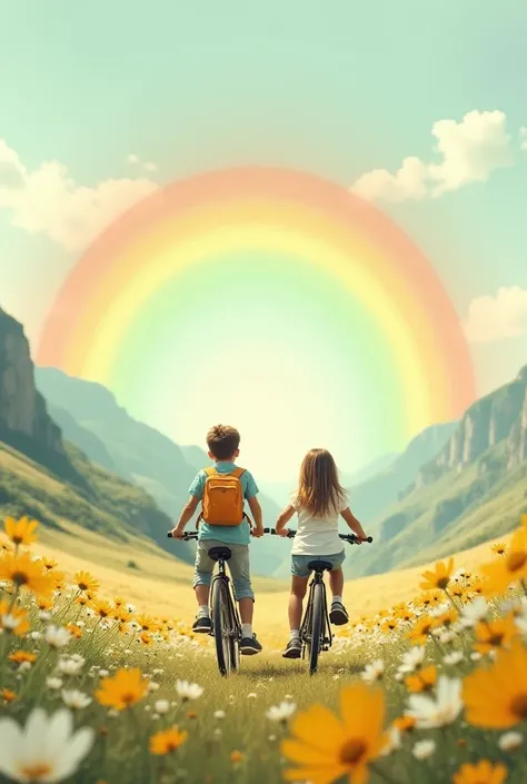 A boy and a girl riding a bicycle together in a valley covered in white and yellow cosmos flowers. In the sky a rainbow is visible in only three colours. Top colour is saffron. Middle colour is white and bottom colour is green . Ultra realistic 