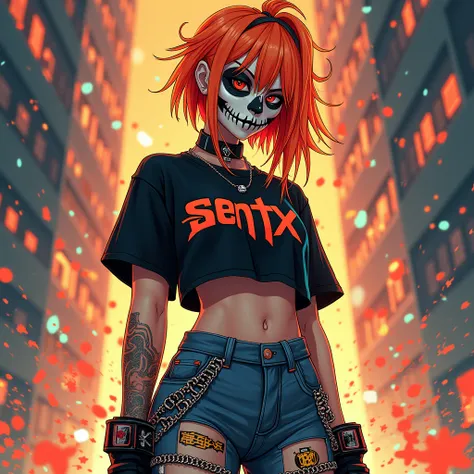 "Create ultra detail a rebellious urban character with female anime skull face, inspired side part hair cut in shades of orange. Graphic t-shirt with Center the text written in " SENTX,"and High-Waisted Jeans featuring chains, patches, and bold graphics. P...