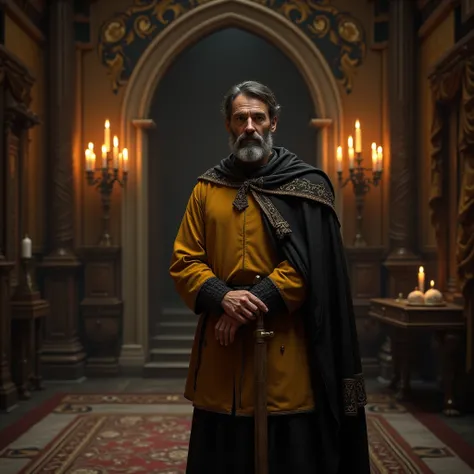 medieval servant in yellow and black, male, noble hall background