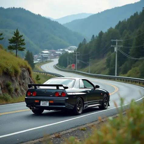 Nissan Skyline GT-R R32 1990 года выпуска едет по извилистой горной дороге в Японии недалеко от маленького городка в 1990-е годы, different photo angles ,  front view,  side view, back view