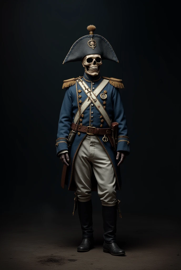 Make a Napoleonic wars french line ry private soldiers standing in the dark with  skull heads instead of their real heads. Must be realistic