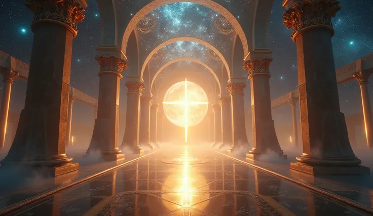 "Envision a celestial cathedral built of light and stardust, where six planets align perfectly along the center aisle, each glowing with divine brilliance. Saturn, stationed at the forefront, shines with regal authority, its golden rings spinning delicatel...