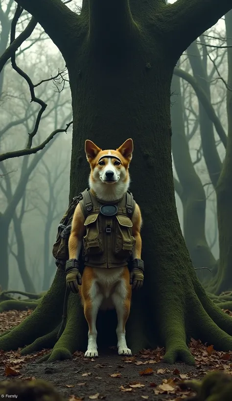 A humanoid dog standing upright on its hind legs, resembling the dog in the reference image, with tan and white fur, pointed ears, and wearing a tactical explorer outfit. The dog has a rugged vest with multiple pockets, gloves on its paws, and a small back...