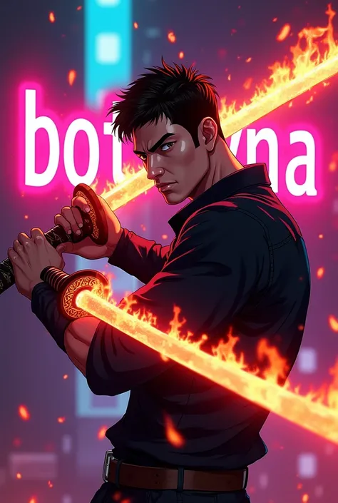 flaming neon writing anime man and 3 d "BOT YNA", handsome man in black shirt and neon background, real, high resolution, holding fire burning katana