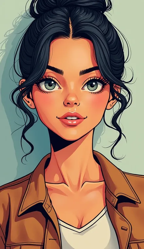 DISCREET image. with discreet casual clothes. image adult woman, american, comic book style. with a neutral face . IMAGES WITH VIBRANT COLORS. focus on face. Bun hair