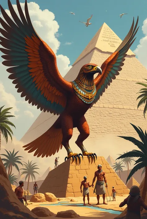 Make a humanoid hawk with lots of details helping to build the pyramids in Egypt completely in ancient Egyptian style 