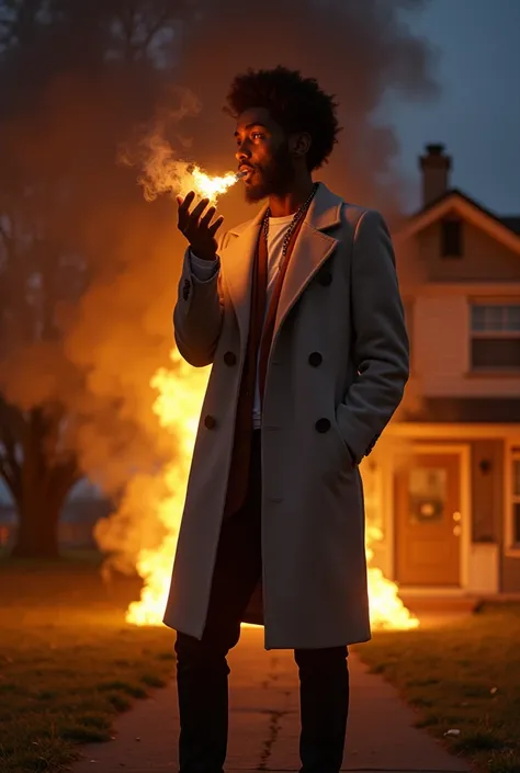 1987 scene of a Blackman  with sun kissed glow skin tone short Afro hair  ,he’s wearing a grey coat and a black pants and brown shoe,he’s lighting a blunt and standing in front of a burning house ,in the night