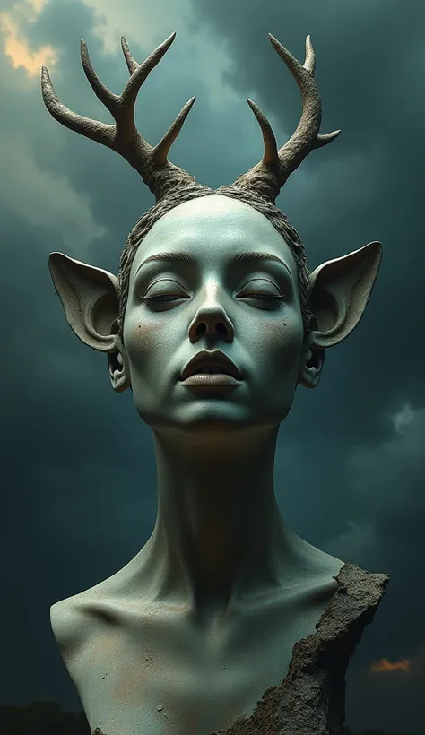  A female bust . made of stone.  front view.  The bust part is broken . Deer horns come out of the eyes of the mask.  view from bottom to top. The bust is broken and coming out of the ground.  Cool dark colors .  Background with dark and charged clouds .  ...