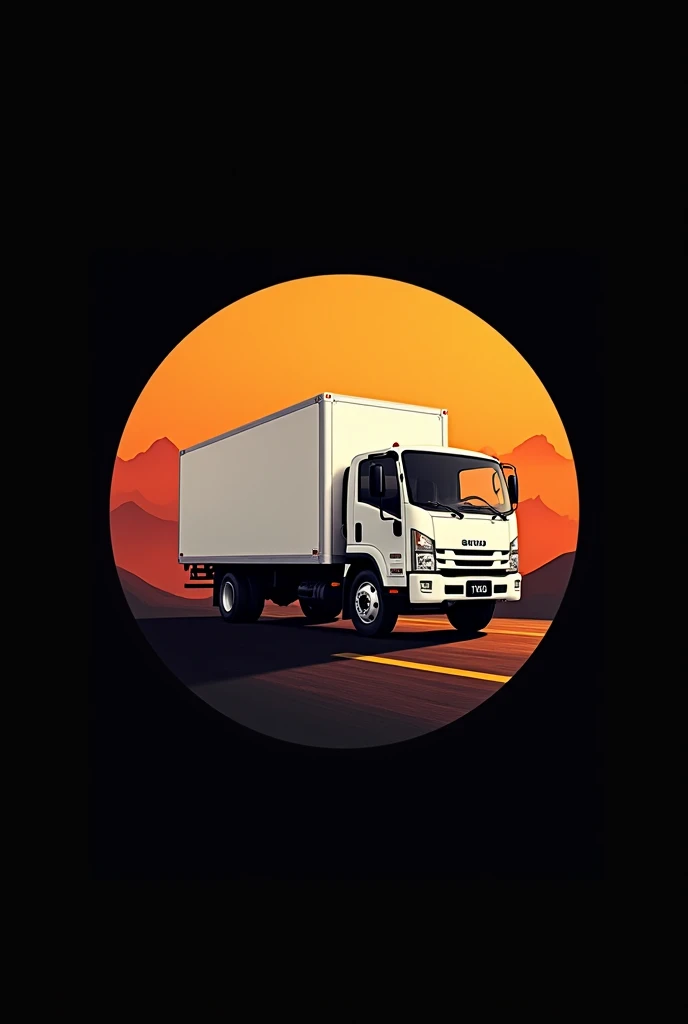 A circular logo in warm colors that the background is black ,  that the logo is in the center and that the main view is an isusu medium-load white truck with the slogan transport the blessing 