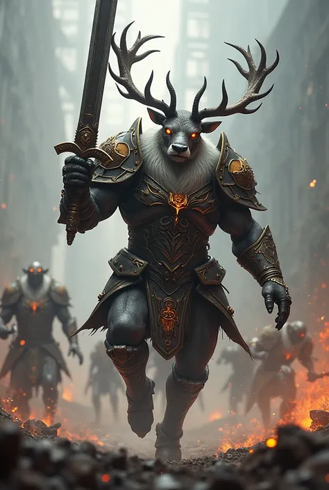 Masterpiece Dashing Reindeer , in the middle of battle,  using a heavy war suit ,  hands raised up while holding a sword, 