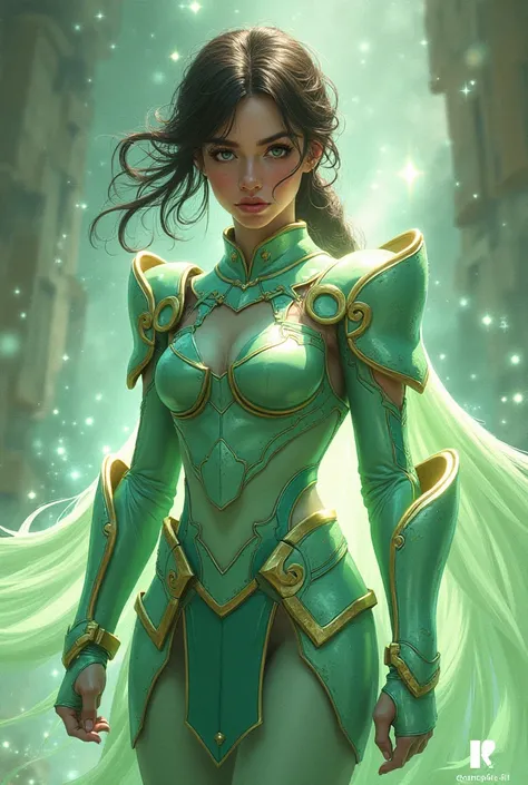 17-year-old woman wearing pale green armor of the Saint Seiya chameleon, digital painting