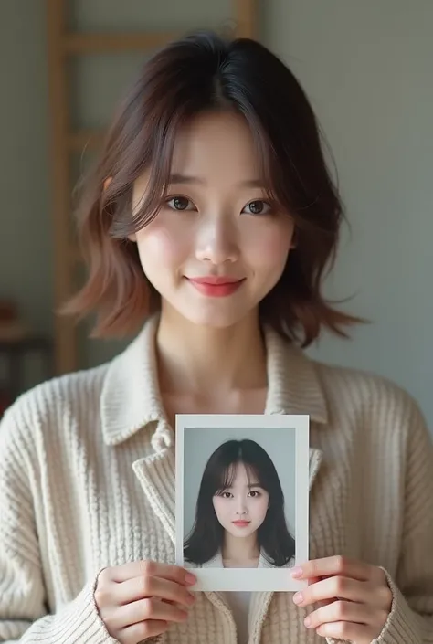 there is a woman that is holding a picture of herself, a picture inspired by Kim Jeong-hui, tumblr, realism, with round face, tzuyu from twice, low quality video, very very low quality picture, she has a cute face, casual pose, instagram story, background ...