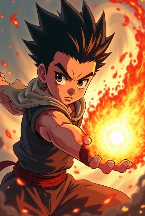  boy with fireball blak fade cut hairstyle in anime style