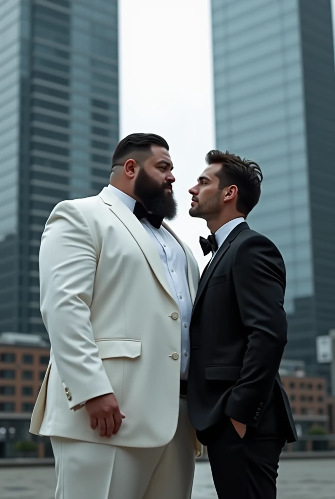 I bet,  corpulent,  in a white suit, fixed eyes staring at her lover , a handsome man in a black suit .  two skyscrapers in the background