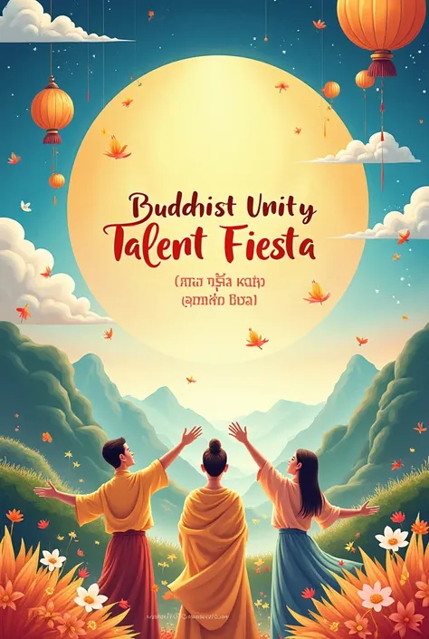 Design a vibrant and inspiring theme background for the 'Buddhist Unity Talent Fiesta.' The artwork should incorporate elements of Buddhism, such as the lotus, dharma wheel, or serene landscapes, combined with youthful and energetic imagery representing si...