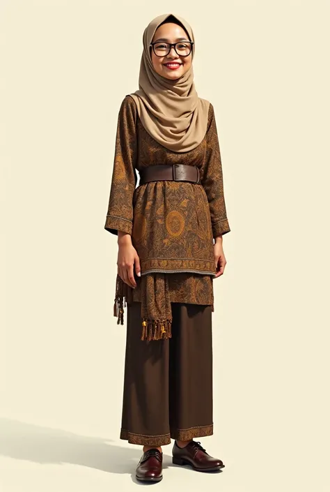 make ,a realistic full body shot, ,caricature ,with oversize head, indonesian aged 35 years old, a woman ideal body, wearing hijab, wearing glasses. without, with nice smile,wearing kebaya batik,  Leather shoes,This masterpiece captures the essence of the ...