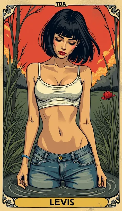 vector image, tarot aesthetics, vector line-art , stuck in mud bog, mature diva whore, crop-top,levis jeans, bob-cut, turns around, orgasm, close-up, grab crotch