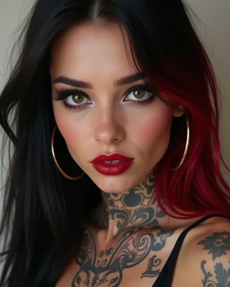  Make the image of a woman with a white complexion, chicana chola, with tattoos, eyes with a black eyeliner, deep red lips,  long straight hair, a tattoo on the neck that says VL.  long straight hair ,  Hair between eyes , Black hair half red hair, Large h...