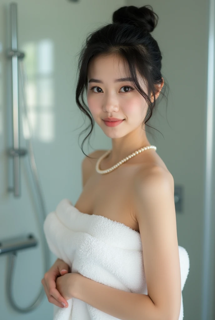  Beautiful Japanese Woman,Black hair bundled , naked,The ideal voluptuous body,Big breasts are ideal ,Covering her chest with a towel , smiling sweetly with a serious expression , wearing a pearl necklace , standing sexy with my back against the bathroom s...