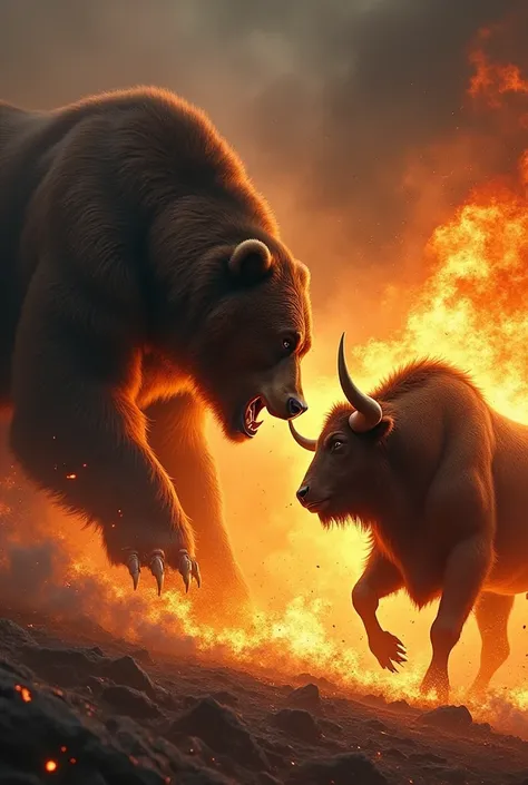 A giant, menacing bear is facing a giant bull. The two are looking at each other and are covered in intense flames.