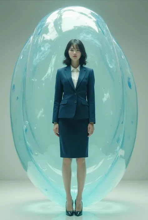 A 27-year-old Japanese office girl in a suit, dark blue skirt and polished heels, was encased in a large transparent gut.