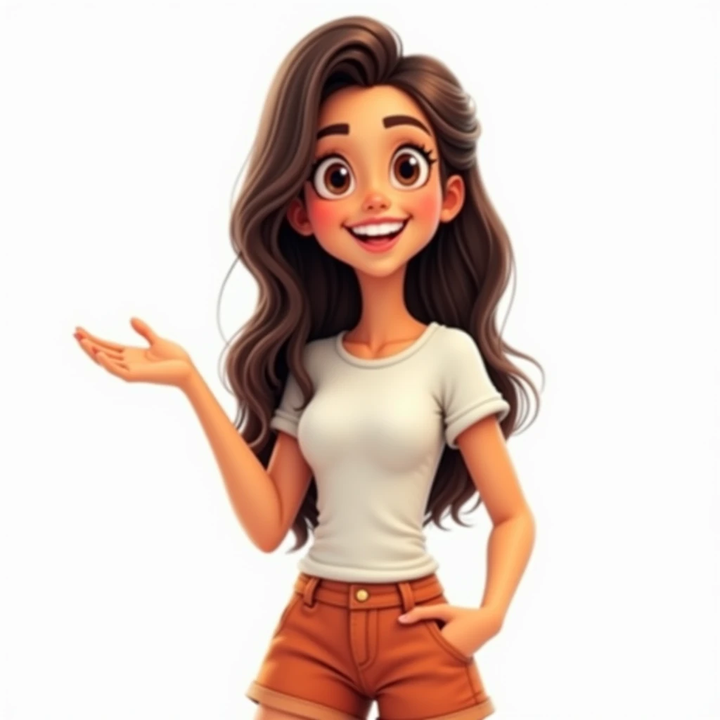 A young, friendly female character, approximately 20 years old, with long dark brown hair and light brown eyes. She is of Latina descent, with a warm, welcoming smile. She is wearing a casual summer outfit, like a light t-shirt and shorts, standing against...