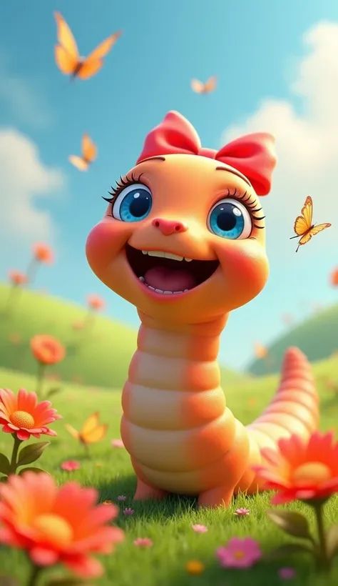  Create highly detailed and enchanting 3D drawing of a female earthworm,  with the nearby camera to highlight its adorable features .  Their body is soft , rounded and soft-textured , in warm shades of orange, with delicate details.  Her big blue eyes shin...