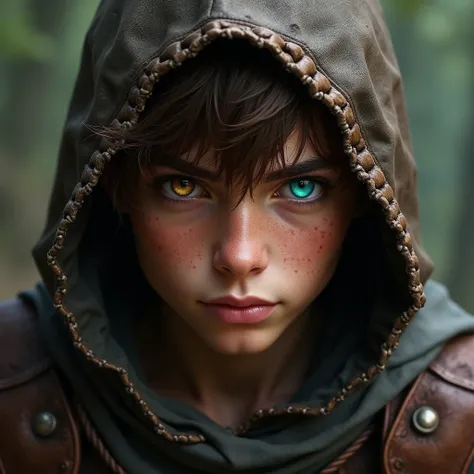  Young guy  , in a hood and leather armor , One brown eye  , one eye turquoise , brown hair 
