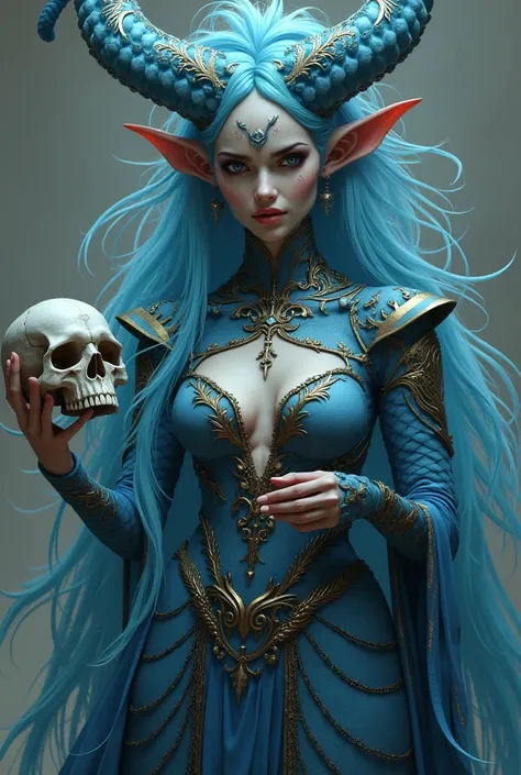 Make a 2d concept art of a medieval sorceress, a close up of a painting of a woman holding a skull, portrait of mermaid warrior, beautiful biomechanical djinn, portrait of a scorpion goddess, blue djinn, portrait of an octopus goddess, octopus goddess, clo...