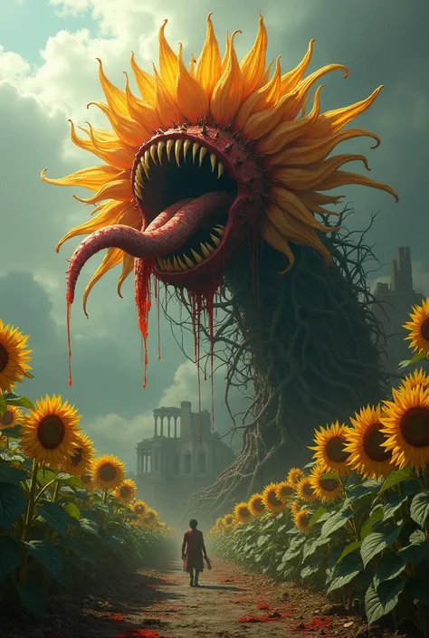 A living and demonic flower that eats a  in a sunflower field in a ruined room