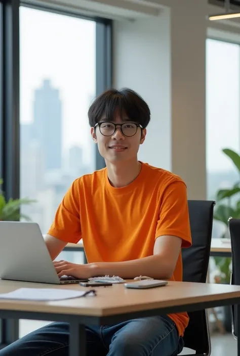 'A young man is described as wearing orange t-shirts and jeans, as in real life. The young man wears straight hair, black hair and glasses. He sits in an office that is modern and spacious. The office has a light city view from large windows, and the inter...