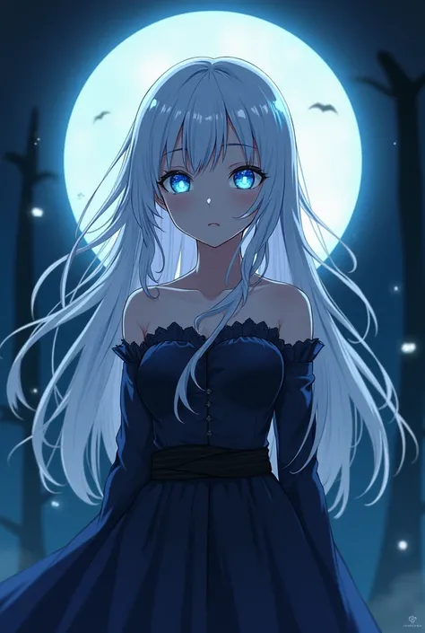  girl, who is a vampire with white hair and blue eyes in anime style