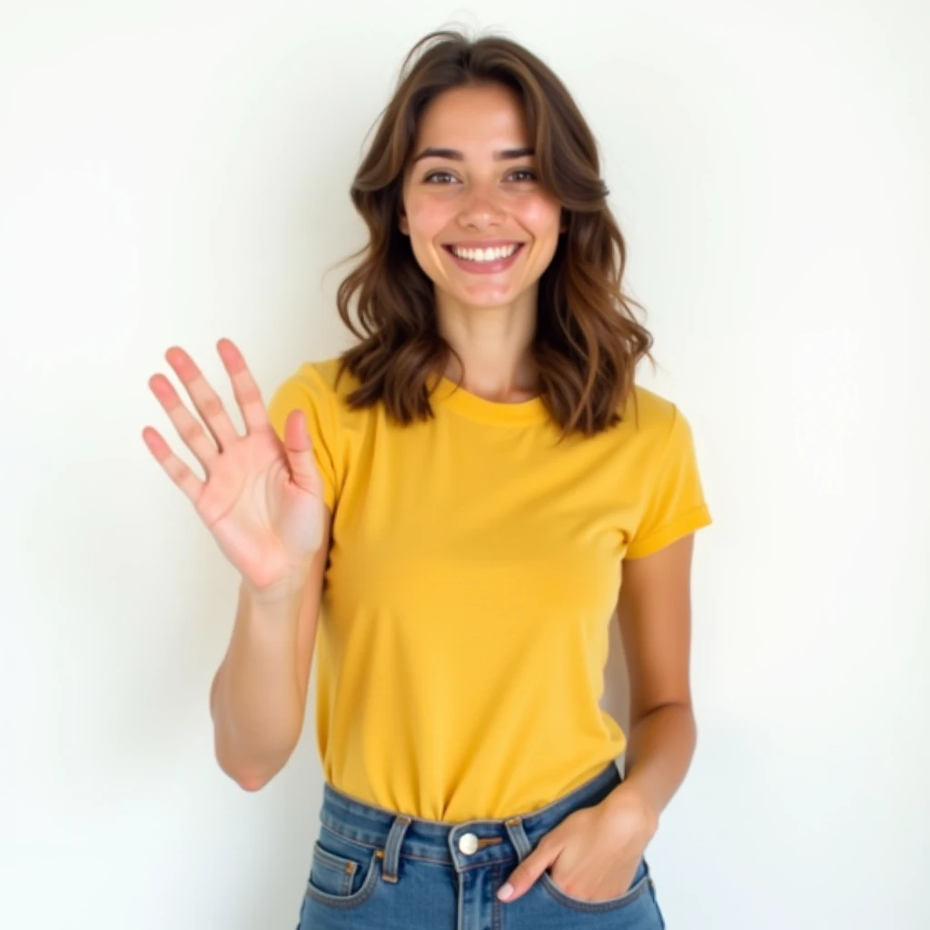 A young woman, in her mid-20s, standing confidently with a warm smile. She has shoulder-length brown hair, light skin, and brown eyes. Her outfit is casual, with a bright-colored t-shirt and jeans. She looks friendly and approachable, with a slight gesture...