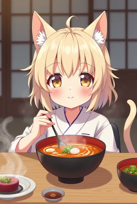 Cat girl eating Japanese soup