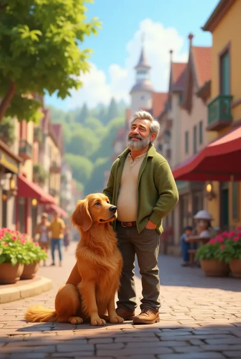 create an image in disney pixar style, Of a man and his golden retriever dog in the square